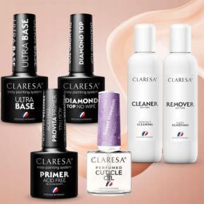 Claresa zestaw do hybrydy 5 x lakier hybrydowy (do wyboru) + lampa UV+ baza + top + preparaty + akcesoria