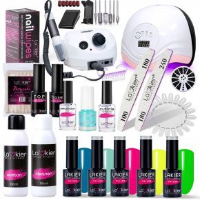 La'Kier Zestaw do hybryd: 5x lakier hybrydowy La'Kier (kolory do wyboru) + mocna lampa UV LED oraz frezarka + preparaty + płyny + akcesoria