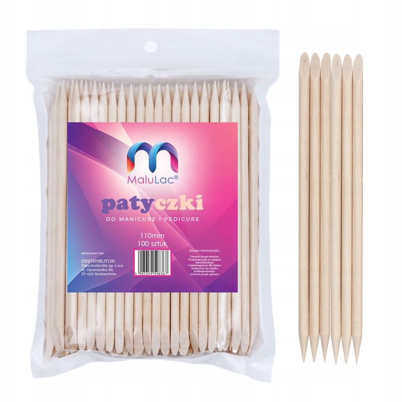 MaluLac patyczki do manicure i pedicure 110mm drewniane komplet 100 sztuk