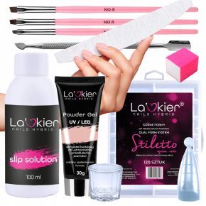 La’kier zestaw do akrylożelu Powder Gel 30 ml + formy Stiletto + Slip Solution + pędzel + naczynko