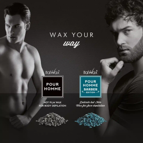 ItalWax Pour Homme Film Wax Barber Edition 500g - turkusowy metaliczny wosk twardy w granulkach do depilacji bezpaskowej męskiej twarzy