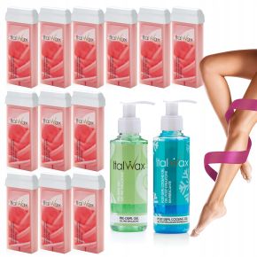 ItalWax Zestaw do depilacji 12x wosk w rolce Rose 100ml + 2x żel 100ml gratis