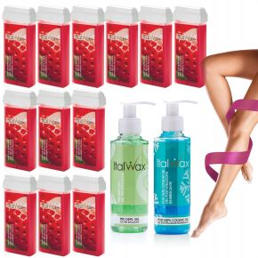 ItalWax Zestaw do depilacji 12x wosk w rolce Strawberry 100ml + 2x żel 100ml gratis