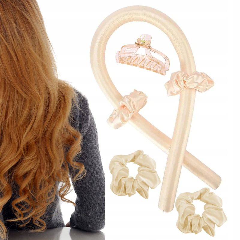 Wałek do kręcenia włosów + 2 x gumki typu scrunchies + spinka jasny beż