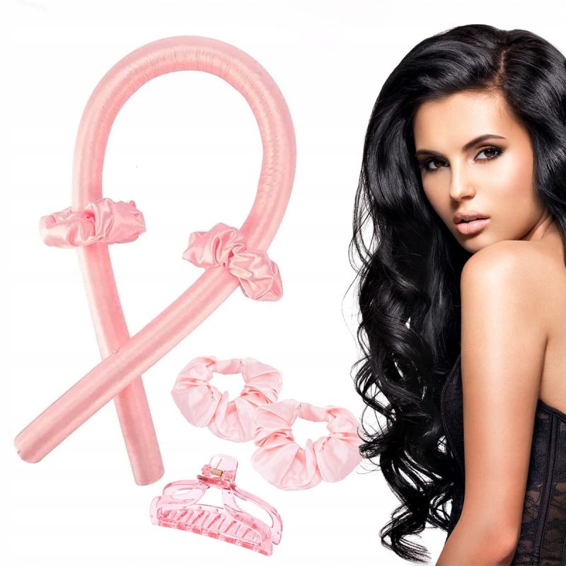 Wałek do kręcenia włosów + 2 x gumki typu scrunchies + spinka różowy