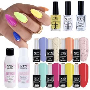 Zestaw do manicure hybrydowego NTN 10+5 lakiery + preparaty