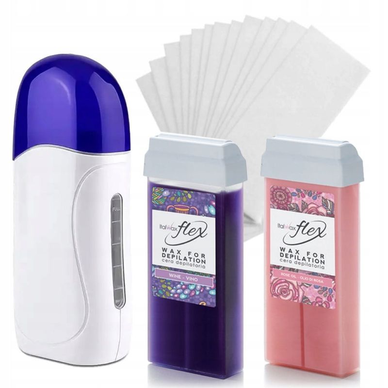 Zestaw do depilacji 2x wosk w rolce (Wine, Rose Oil) + podgrzewacz + paski