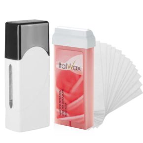 ItalWax Zestaw do depilacji - podgrzewacz (czarny korek) + wosk w rolce 100ml Rose + paski 50 sztuk