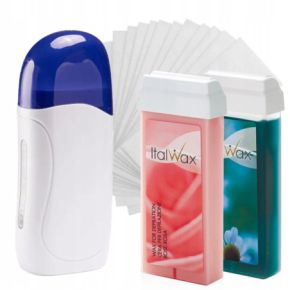 ItalWax Zestaw do depilacji - podgrzewacz (niebieski korek) + 2x wosk w rolce 100ml Rose i Azulene + paski 50 sztuk