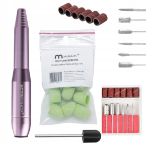 Zestaw do paznokci - frezarka do manicure i pedicure 12W różowa + 10x kapturek 10mm gradacja 150 + nośnik gumowy