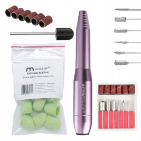 Zestaw do paznokci - frezarka do manicure i pedicure 12W różowa + 10x kapturek 10mm gradacja 150 + nośnik gumowy