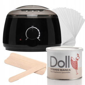 Xanitalia Doll Zestaw do depilacji ciała - podgrzewacz + wosk w puszce Titanio Bianca 400ml + paski + szpatułki