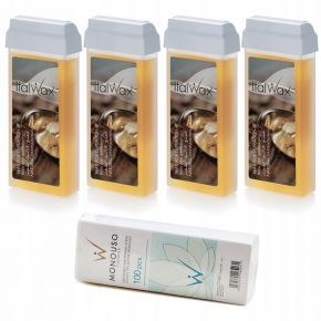 Zestaw do depilacji podgrzewacz 4x ItalWax wosk rolka Naturalny paski 100 sztuk