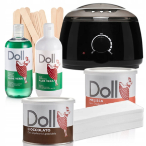 Xanitalia Doll Zestaw do depilacji ciała - podgrzewacz + 2x wosk w puszce 400ml Cioccolato i Melissa + preparaty + paski + szpatułki