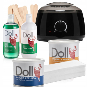 Xanitalia Doll Zestaw do depilacji ciała - podgrzewacz + 2x wosk w puszce 400ml Naturale Miele i Bitalco Azzurra + preparaty + paski + szpatułki