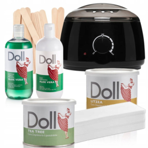 Xanitalia Doll Zestaw do depilacji ciała - podgrzewacz + 2x wosk w puszce 400ml Tea Tree i Litzea + preparaty + paski + szpatułki