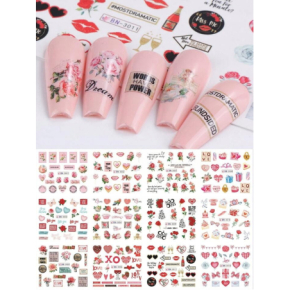 Naklejki wodne na paznokcie 12 sztuk nr BN3001-3012 love serca róże