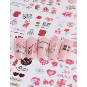 Naklejki wodne na paznokcie 12 sztuk nr BN3001-3012 love serca róże