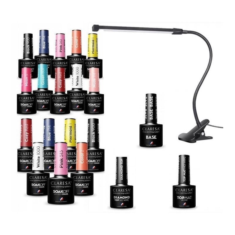 20x Claresa (17x lakier hybrydowy + baza + top mat + top diamond) + lampka LED USB na biurko