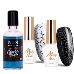 Molly Nails Zestaw Crackle Gel Black and White 2x8g + NTN oliwka zapachowa z rollerem 50ml