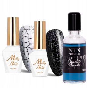 Molly Nails Zestaw Crackle Gel Black and White 2x8g + NTN oliwka zapachowa z rollerem 50ml