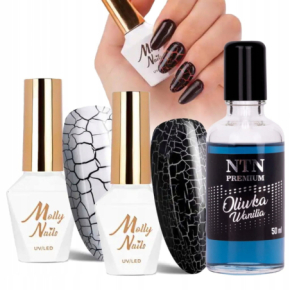 Molly Nails Zestaw Crackle Gel Black and White 2x8g + NTN oliwka zapachowa z rollerem 50ml