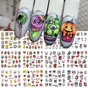 Naklejki wodne na paznokcie 12 wzorów nr BN2401-2412 wzory halloween czaszki duchy klaun