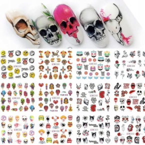 Naklejki wodne na paznokcie 12 wzorów nr BN2401-2412 wzory halloween czaszki duchy klaun