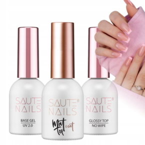 Saute Nails Zestaw do paznokci hybrydowych - Base Gel UV 2.0 + Top Coat Matt No Wipe + Top Glossy No Wipe