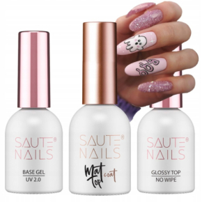 Saute Nails Zestaw do paznokci hybrydowych - Base Gel UV 2.0 + Top Coat Matt No Wipe + Top Glossy No Wipe