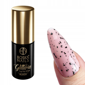 Boska Nails Glitteria Top No Wipe Black Top hybrydowy bez przemywania z czarnymi drobinkami 6ml