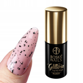 Boska Nails Glitteria Top No Wipe Black Top hybrydowy bez przemywania z czarnymi drobinkami 6ml