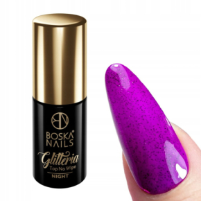 Boska Nails Glitteria Top No Wipe Night Top hybrydowy bez przemywania z czarnymi drobinkami 6ml