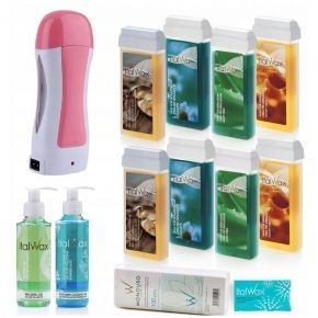 Zestaw ItalWax do depilacji - podgrzewacz + 8x wosk w rolce klasyczny 100ml + żele + paski + talk