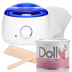 Xanitalia Doll Zestaw do depilacji ciała - podgrzewacz + wosk w puszce 400ml Rosa + paski + szpatułki
