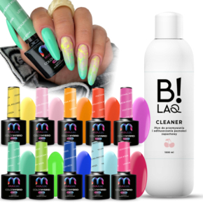 MaluLac Zestaw do paznokci hybrydowych Summer Days - 10x lakier hybrydowy 5g + cleaner B!LAQ 1l