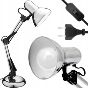 Lampka kosmetyczna biurkowa z regulowanym ramieniem srebrna + żarówka 10W