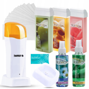 ItalWax Zestaw do depilacji paskowej - podgrzewacz z bazą iWax biało-żółty + 3x wosk w rolce 100ml + preparaty + paski + talk