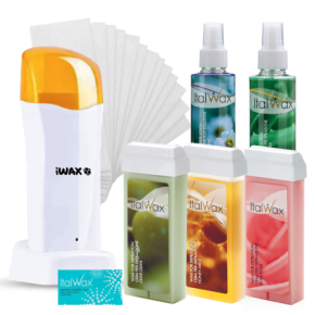 ItalWax Zestaw do depilacji paskowej - podgrzewacz z bazą iWax biało-żółty + 3x wosk w rolce 100ml + preparaty + paski + talk