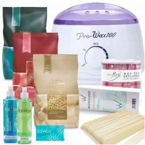 Zestaw do depilacji woskiem w dropsach i puszce ProWax 100 + 2 x wosk + 2 x żel + szpatułki + paski + talk