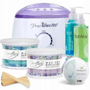 Zestaw do depilacji woskiem w puszce flex aqua wine PODGRZEWACZ 100 żele paski szpatułki