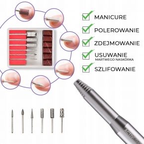 Frezarka do paznokci mobilna PRO203 12W srebrna  zestaw frezów ceramicznych filcowych diamentowych kamiennych