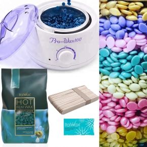 Zestaw do depilacji bezpaskowej wosk 1kg dropsy ItalWax azulen Podgrzewacz Prowax talk szpatułki